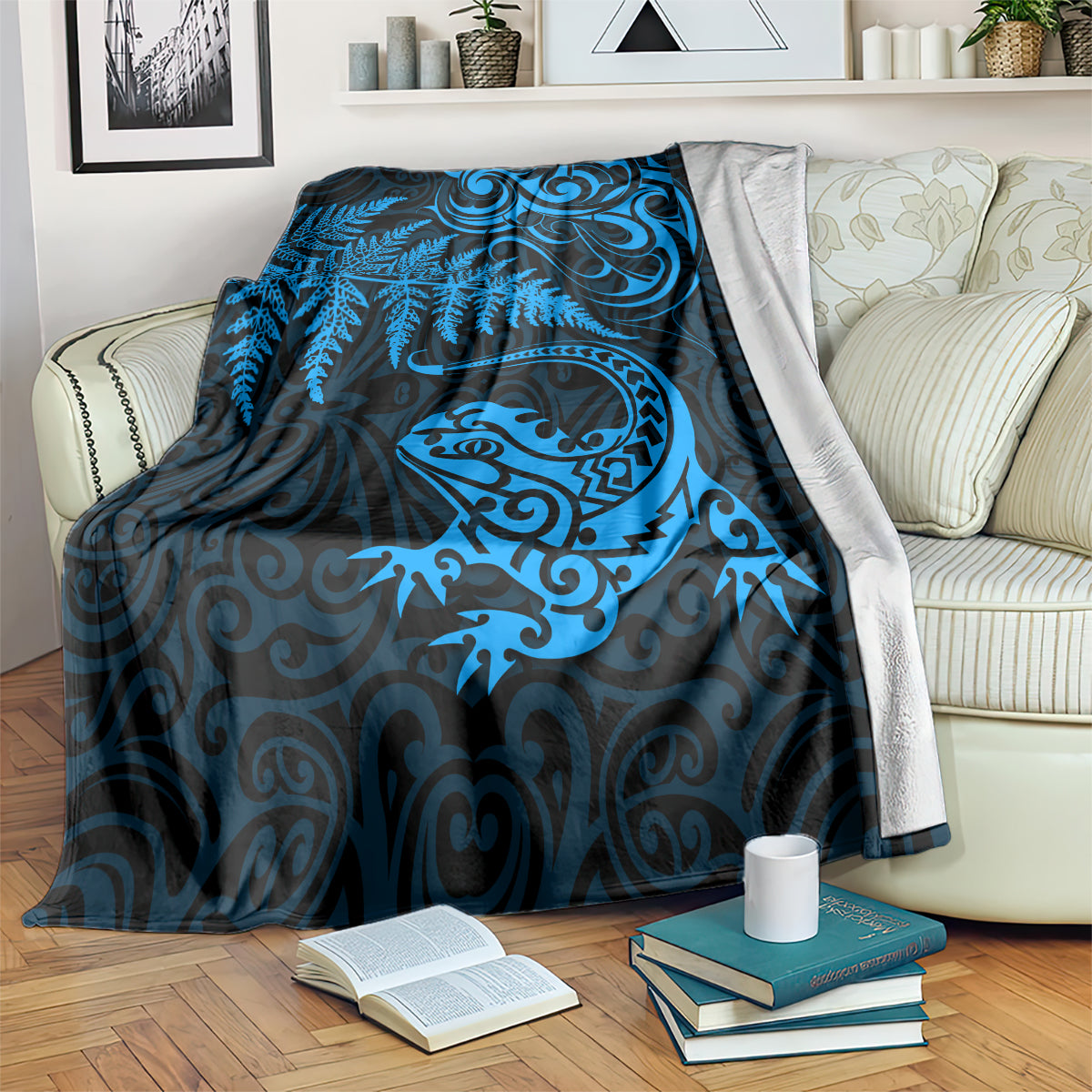 New Zealand Tuatara Tribal Tattoo Blanket Silver Fern and Maori Pattern Blue Color LT03 Blue - Polynesian Pride
