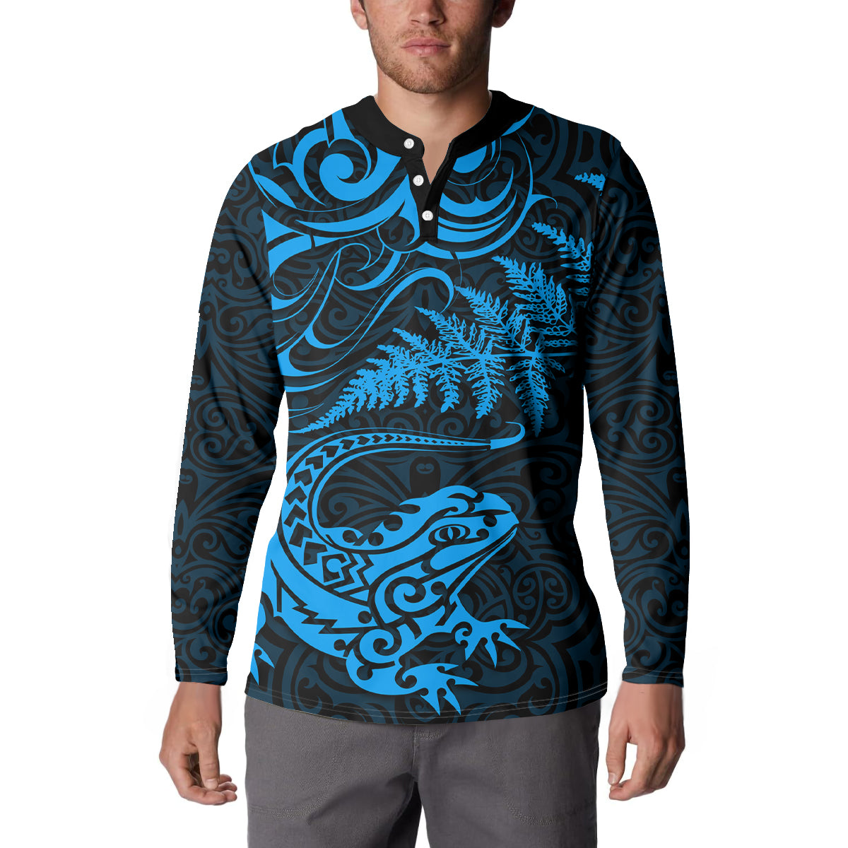 New Zealand Tuatara Tribal Tattoo Button Sweatshirt Silver Fern and Maori Pattern Blue Color LT03 - Polynesian Pride