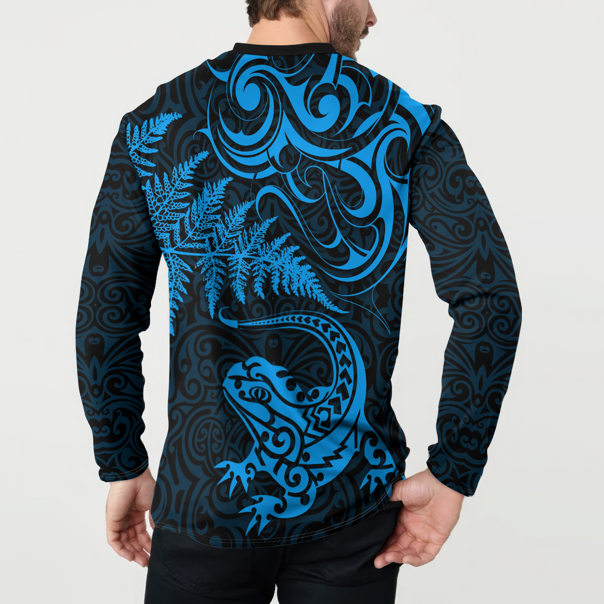 New Zealand Tuatara Tribal Tattoo Button Sweatshirt Silver Fern and Maori Pattern Blue Color LT03 - Polynesian Pride