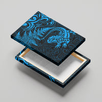 New Zealand Tuatara Tribal Tattoo Canvas Wall Art Silver Fern and Maori Pattern Blue Color