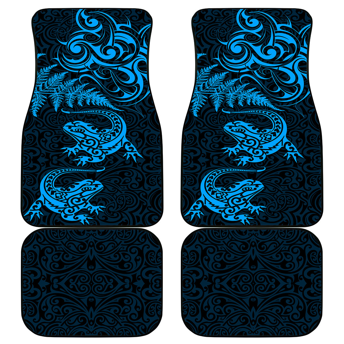 New Zealand Tuatara Tribal Tattoo Car Mats Silver Fern and Maori Pattern Blue Color LT03 - Polynesian Pride