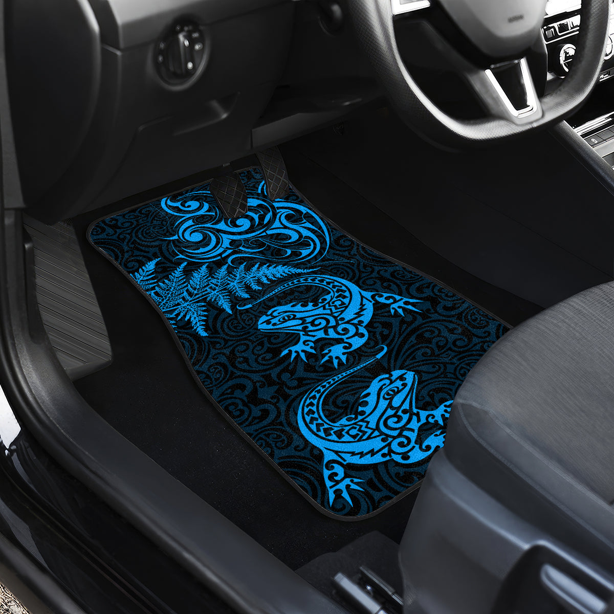 New Zealand Tuatara Tribal Tattoo Car Mats Silver Fern and Maori Pattern Blue Color LT03 - Polynesian Pride