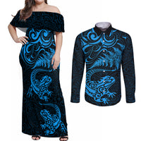 New Zealand Tuatara Tribal Tattoo Couples Matching Off Shoulder Maxi Dress and Long Sleeve Button Shirt Silver Fern and Maori Pattern Blue Color LT03 Blue - Polynesian Pride