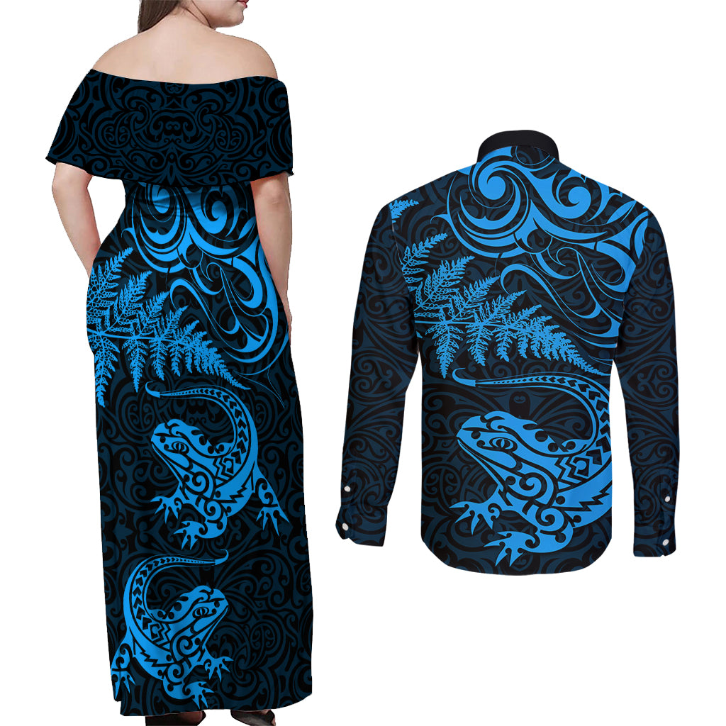 New Zealand Tuatara Tribal Tattoo Couples Matching Off Shoulder Maxi Dress and Long Sleeve Button Shirt Silver Fern and Maori Pattern Blue Color LT03 - Polynesian Pride