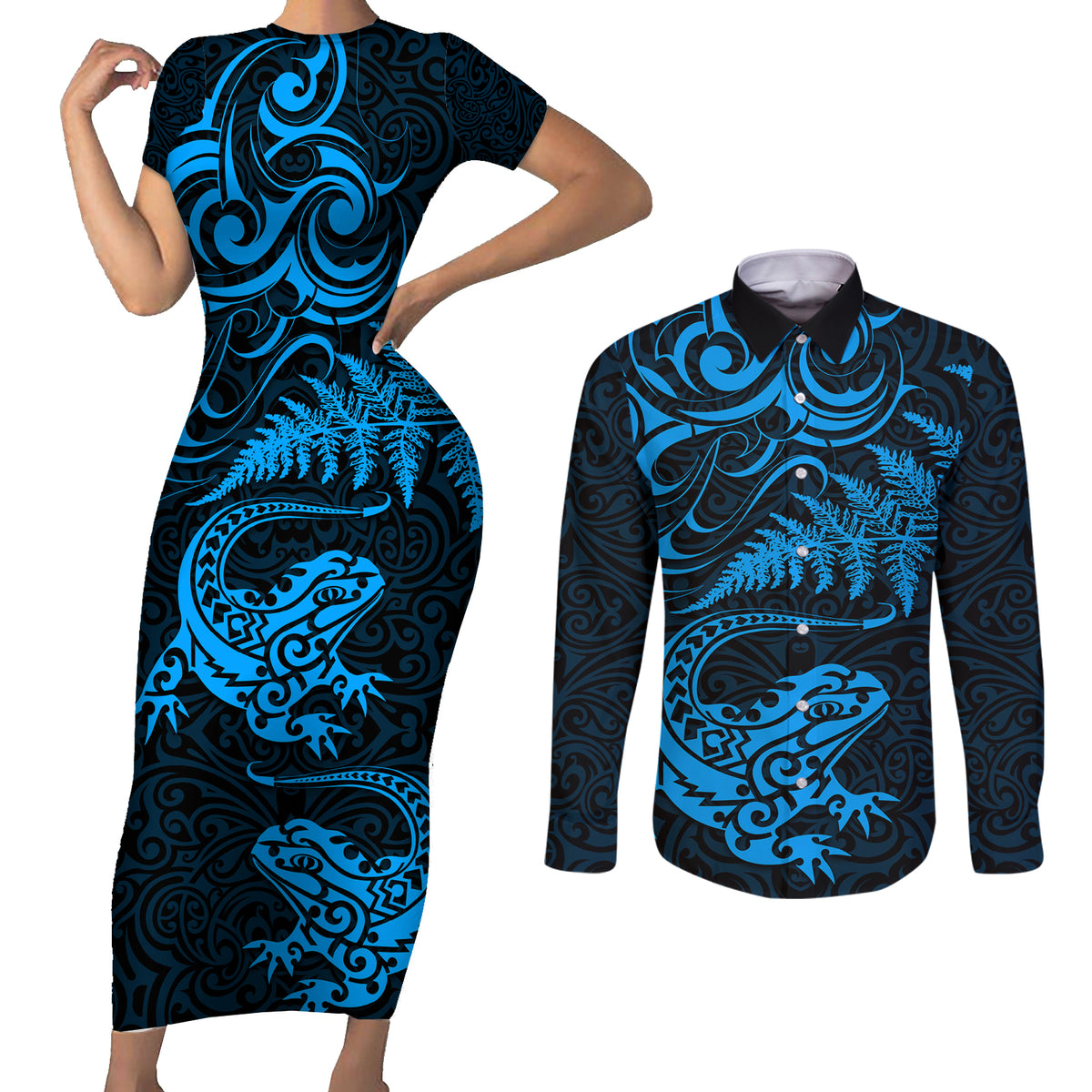 New Zealand Tuatara Tribal Tattoo Couples Matching Short Sleeve Bodycon Dress and Long Sleeve Button Shirt Silver Fern and Maori Pattern Blue Color LT03 Blue - Polynesian Pride