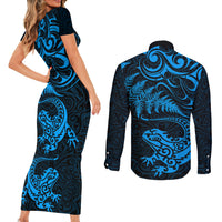 New Zealand Tuatara Tribal Tattoo Couples Matching Short Sleeve Bodycon Dress and Long Sleeve Button Shirt Silver Fern and Maori Pattern Blue Color LT03 - Polynesian Pride