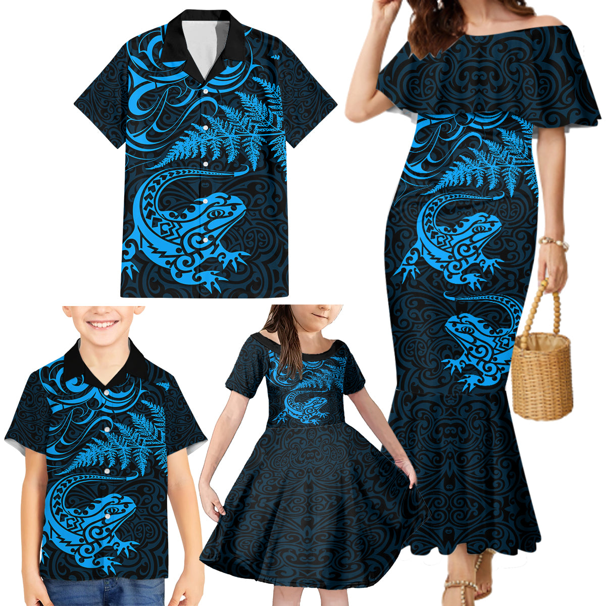 New Zealand Tuatara Tribal Tattoo Family Matching Mermaid Dress and Hawaiian Shirt Silver Fern and Maori Pattern Blue Color LT03 - Polynesian Pride