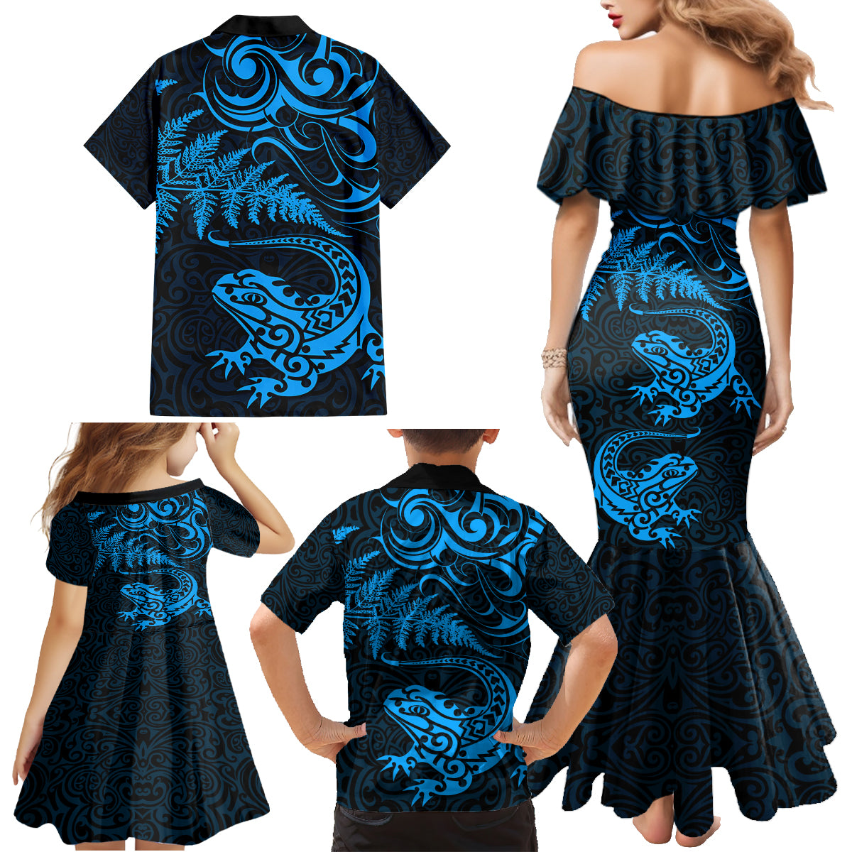 New Zealand Tuatara Tribal Tattoo Family Matching Mermaid Dress and Hawaiian Shirt Silver Fern and Maori Pattern Blue Color LT03 - Polynesian Pride