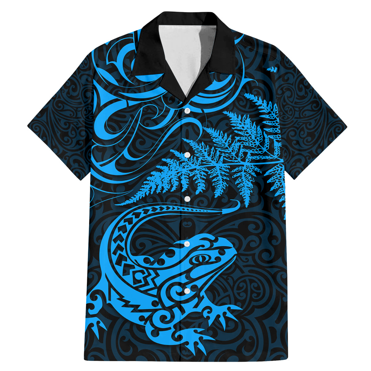 New Zealand Tuatara Tribal Tattoo Family Matching Mermaid Dress and Hawaiian Shirt Silver Fern and Maori Pattern Blue Color LT03 Dad's Shirt - Short Sleeve Blue - Polynesian Pride