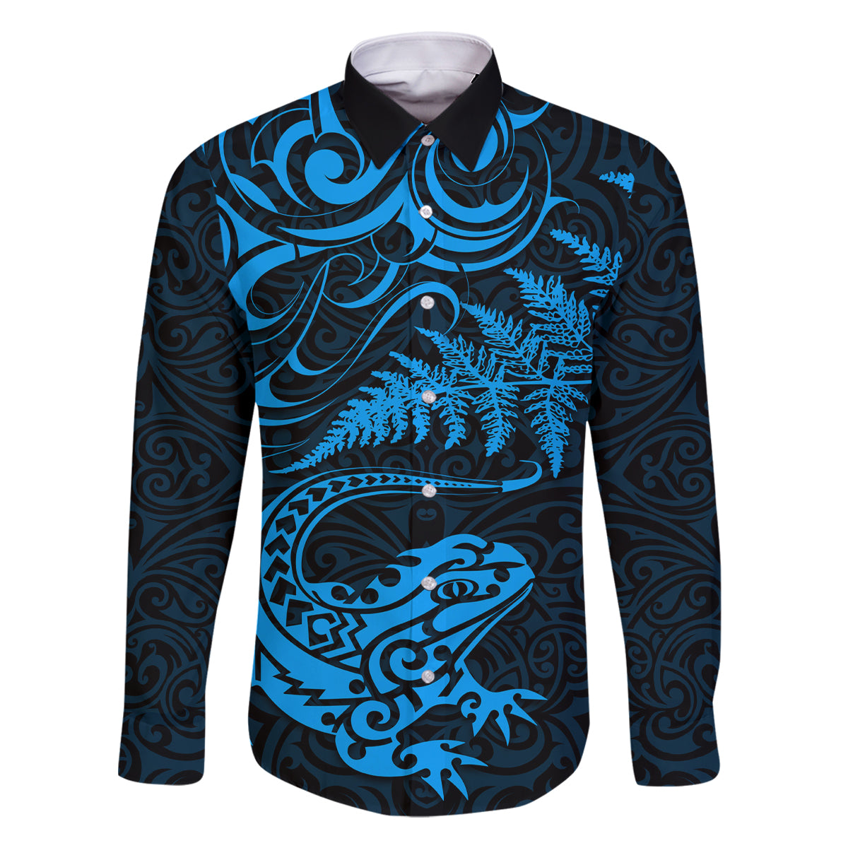 New Zealand Tuatara Tribal Tattoo Family Matching Mermaid Dress and Hawaiian Shirt Silver Fern and Maori Pattern Blue Color LT03 Dad's Shirt - Long Sleeve Blue - Polynesian Pride