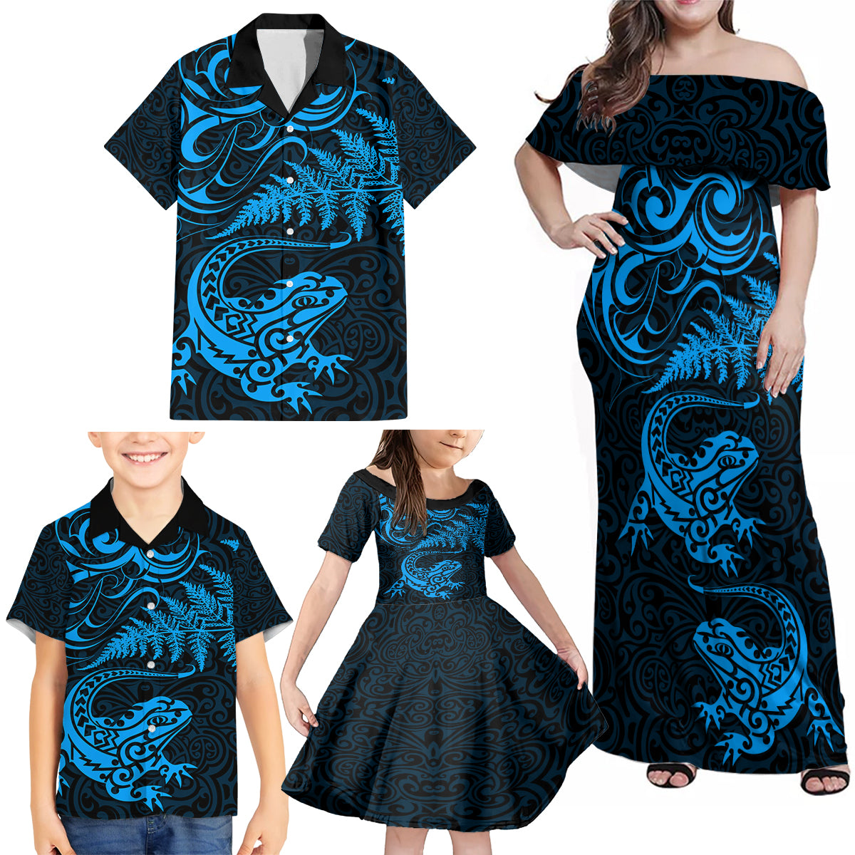 New Zealand Tuatara Tribal Tattoo Family Matching Off Shoulder Maxi Dress and Hawaiian Shirt Silver Fern and Maori Pattern Blue Color LT03 - Polynesian Pride