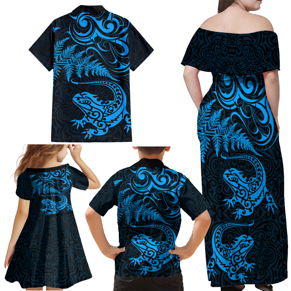 New Zealand Tuatara Tribal Tattoo Family Matching Off Shoulder Maxi Dress and Hawaiian Shirt Silver Fern and Maori Pattern Blue Color LT03 - Polynesian Pride