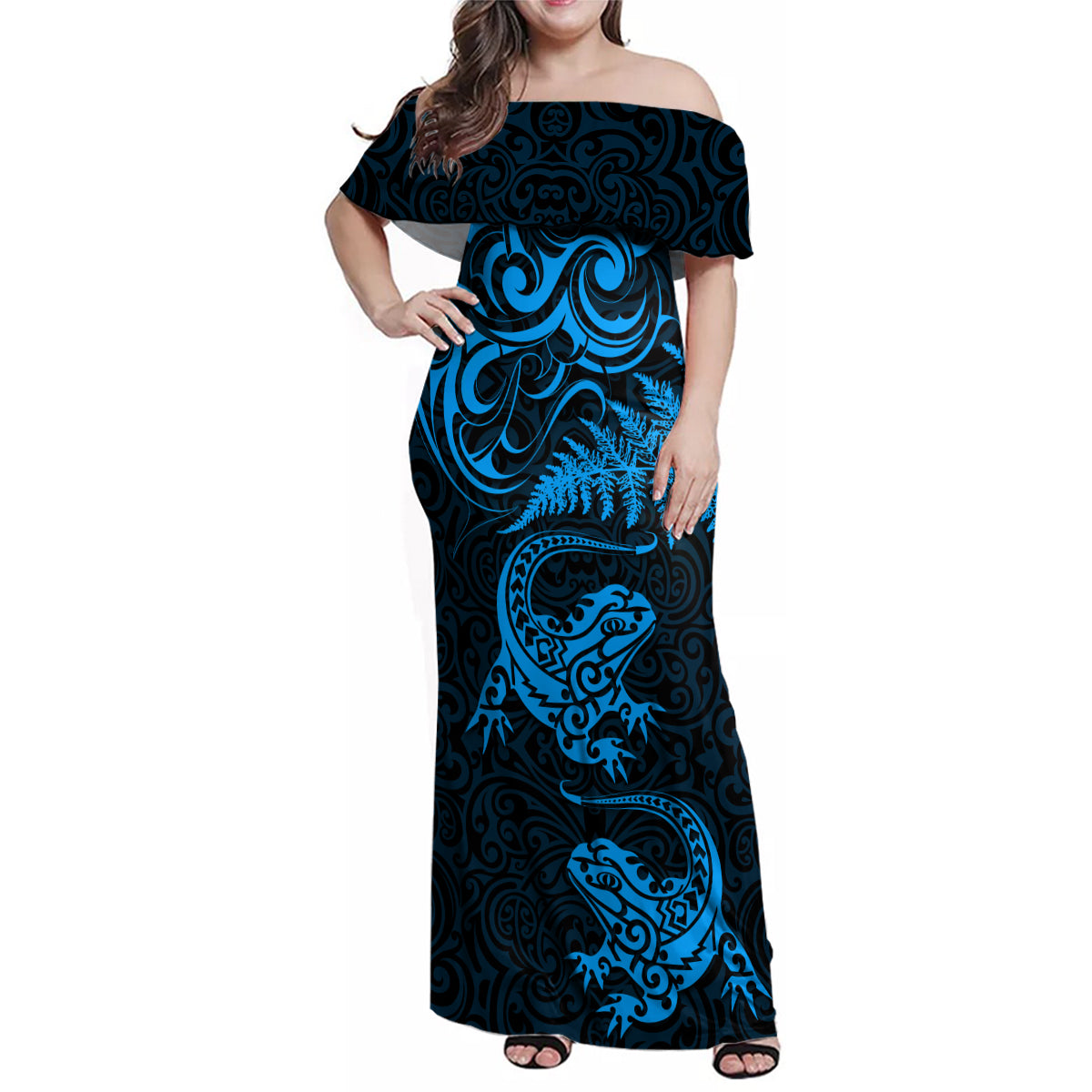 New Zealand Tuatara Tribal Tattoo Family Matching Off Shoulder Maxi Dress and Hawaiian Shirt Silver Fern and Maori Pattern Blue Color LT03 Mom's Dress Blue - Polynesian Pride