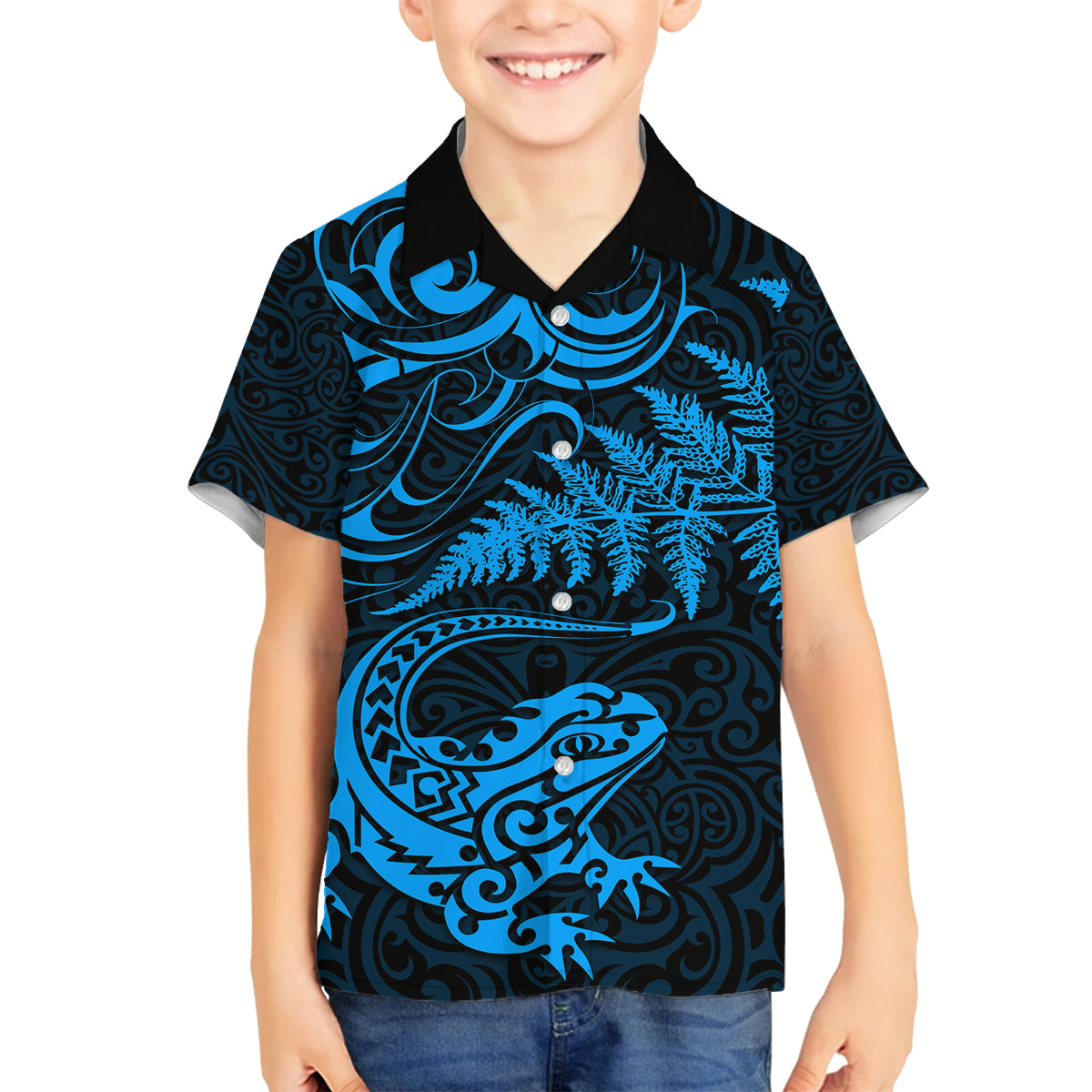 New Zealand Tuatara Tribal Tattoo Family Matching Off Shoulder Maxi Dress and Hawaiian Shirt Silver Fern and Maori Pattern Blue Color LT03 Son's Shirt Blue - Polynesian Pride