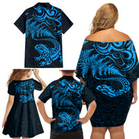 New Zealand Tuatara Tribal Tattoo Family Matching Off Shoulder Short Dress and Hawaiian Shirt Silver Fern and Maori Pattern Blue Color LT03 - Polynesian Pride