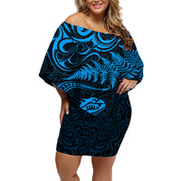 New Zealand Tuatara Tribal Tattoo Family Matching Off Shoulder Short Dress and Hawaiian Shirt Silver Fern and Maori Pattern Blue Color LT03 Mom's Dress Blue - Polynesian Pride