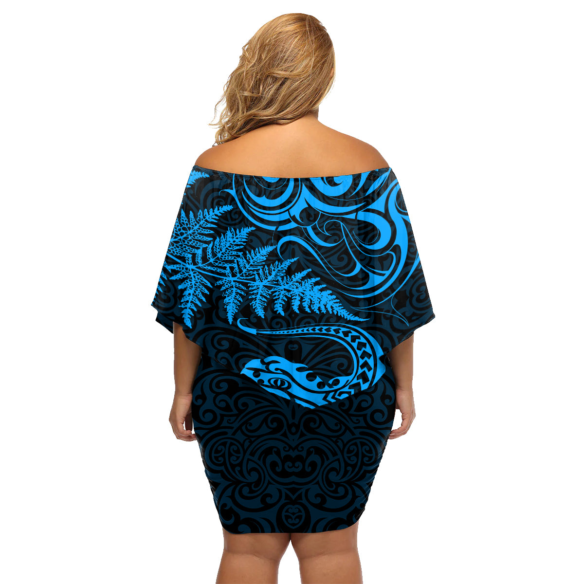 New Zealand Tuatara Tribal Tattoo Family Matching Off Shoulder Short Dress and Hawaiian Shirt Silver Fern and Maori Pattern Blue Color LT03 - Polynesian Pride