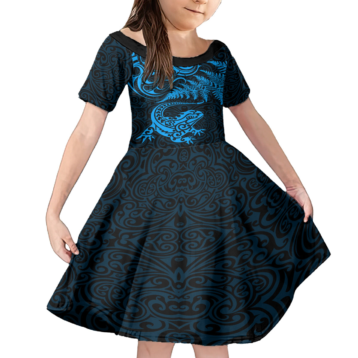 New Zealand Tuatara Tribal Tattoo Family Matching Puletasi and Hawaiian Shirt Silver Fern and Maori Pattern Blue Color LT03 Daughter's Dress Blue - Polynesian Pride