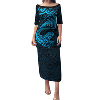 New Zealand Tuatara Tribal Tattoo Family Matching Puletasi and Hawaiian Shirt Silver Fern and Maori Pattern Blue Color LT03 Mom's Dress Blue - Polynesian Pride