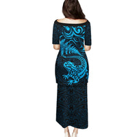 New Zealand Tuatara Tribal Tattoo Family Matching Puletasi and Hawaiian Shirt Silver Fern and Maori Pattern Blue Color LT03 - Polynesian Pride
