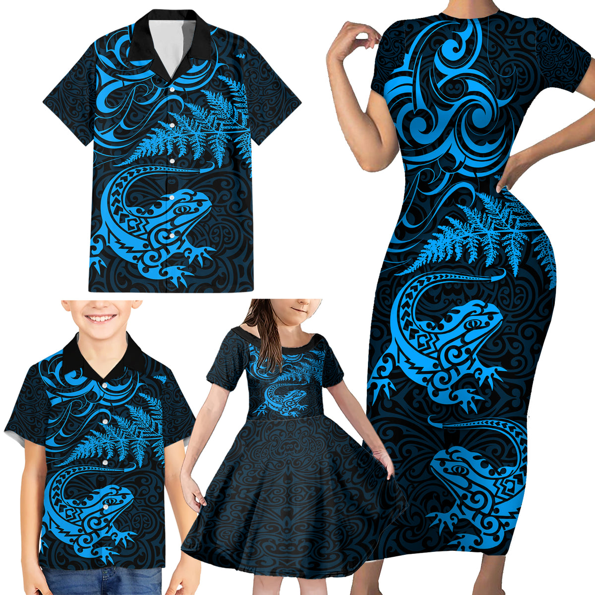 New Zealand Tuatara Tribal Tattoo Family Matching Short Sleeve Bodycon Dress and Hawaiian Shirt Silver Fern and Maori Pattern Blue Color LT03 - Polynesian Pride