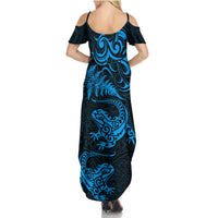 New Zealand Tuatara Tribal Tattoo Family Matching Summer Maxi Dress and Hawaiian Shirt Silver Fern and Maori Pattern Blue Color LT03 - Polynesian Pride