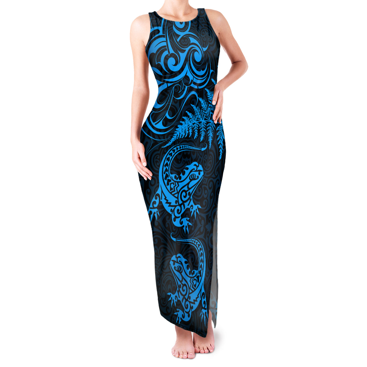 New Zealand Tuatara Tribal Tattoo Family Matching Tank Maxi Dress and Hawaiian Shirt Silver Fern and Maori Pattern Blue Color LT03 Mom's Dress Blue - Polynesian Pride