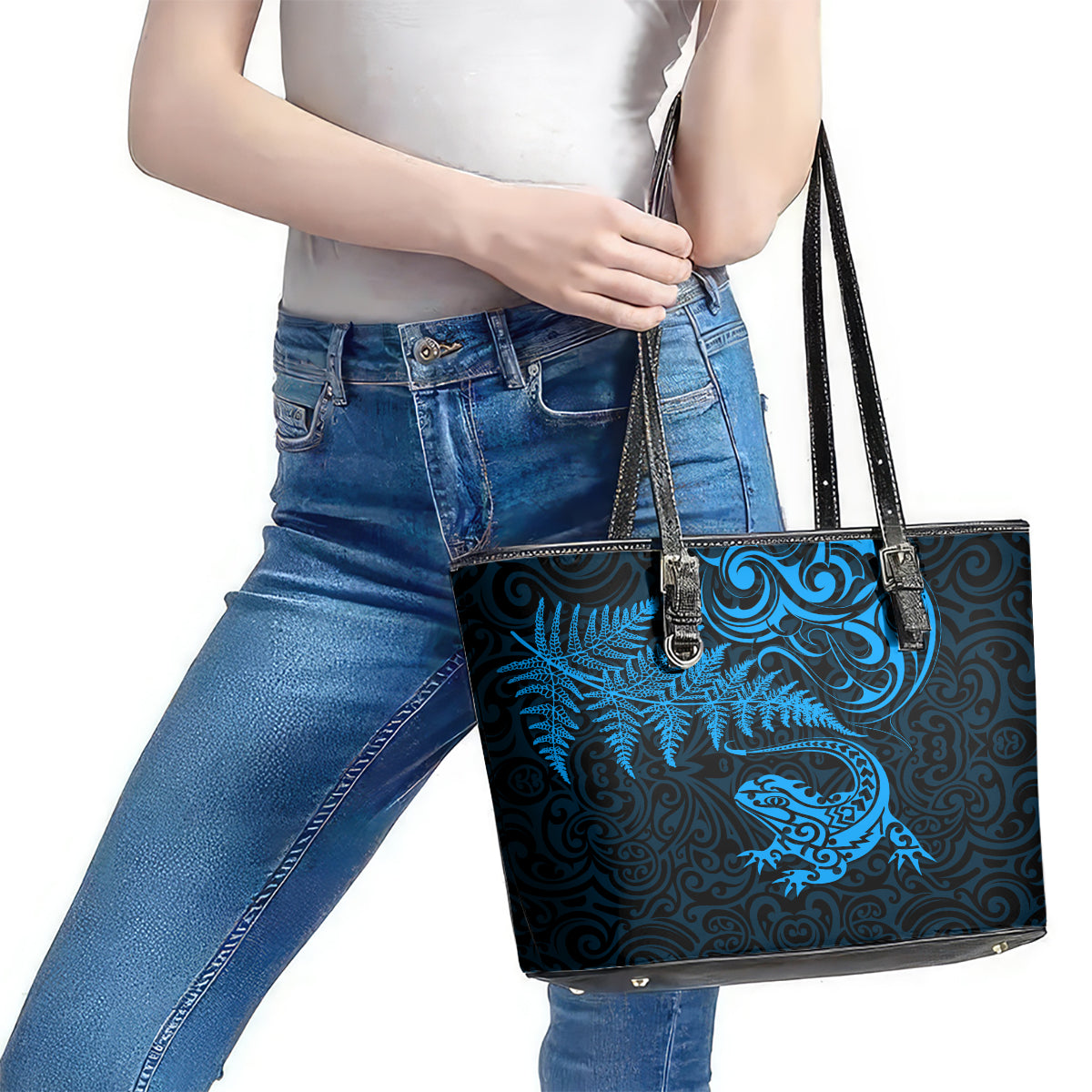 New Zealand Tuatara Tribal Tattoo Leather Tote Bag Silver Fern and Maori Pattern Blue Color LT03 - Polynesian Pride