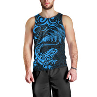 New Zealand Tuatara Tribal Tattoo Men Tank Top Silver Fern and Maori Pattern Blue Color LT03 - Polynesian Pride