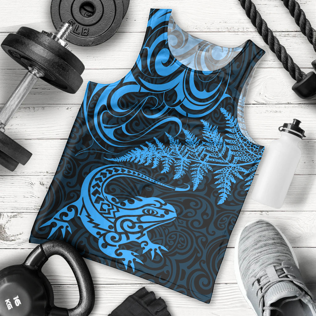 New Zealand Tuatara Tribal Tattoo Men Tank Top Silver Fern and Maori Pattern Blue Color LT03 - Polynesian Pride