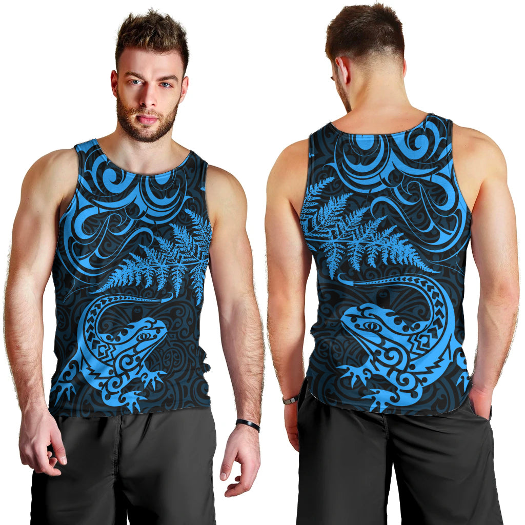 New Zealand Tuatara Tribal Tattoo Men Tank Top Silver Fern and Maori Pattern Blue Color LT03 - Polynesian Pride