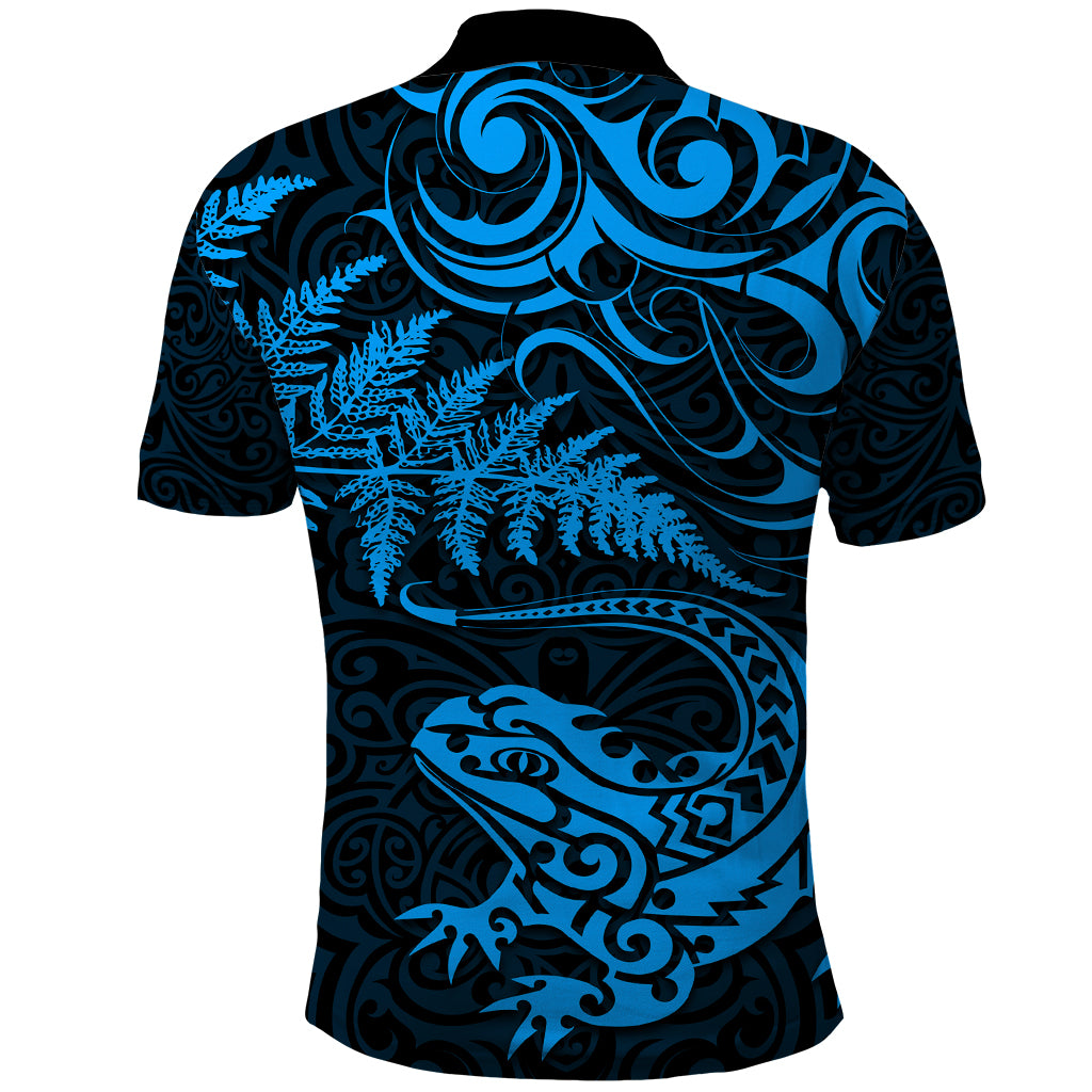 New Zealand Tuatara Tribal Tattoo Polo Shirt Silver Fern and Maori Pattern Blue Color