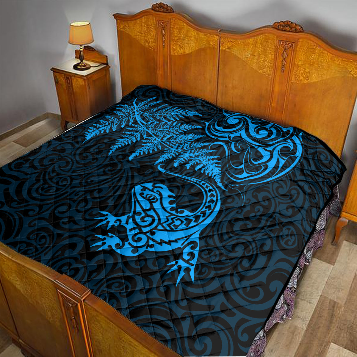New Zealand Tuatara Tribal Tattoo Quilt Silver Fern and Maori Pattern Blue Color LT03 - Polynesian Pride