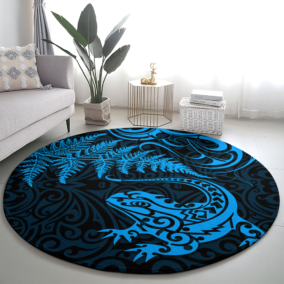 New Zealand Tuatara Tribal Tattoo Round Carpet Silver Fern and Maori Pattern Blue Color