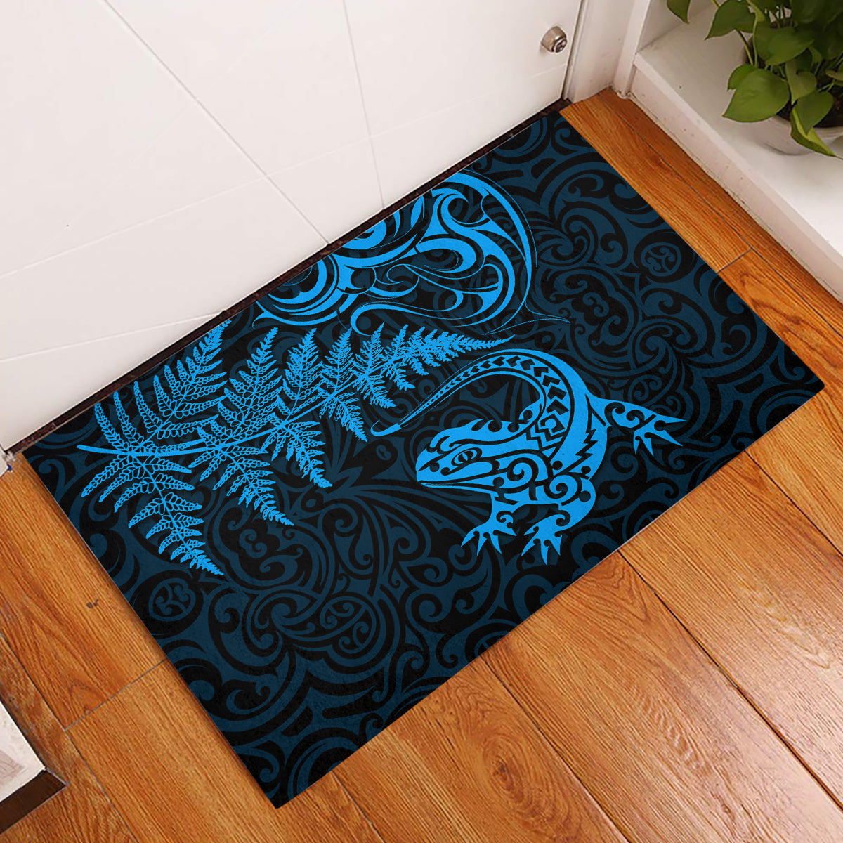 New Zealand Tuatara Tribal Tattoo Rubber Doormat Silver Fern and Maori Pattern Blue Color LT03 Blue - Polynesian Pride