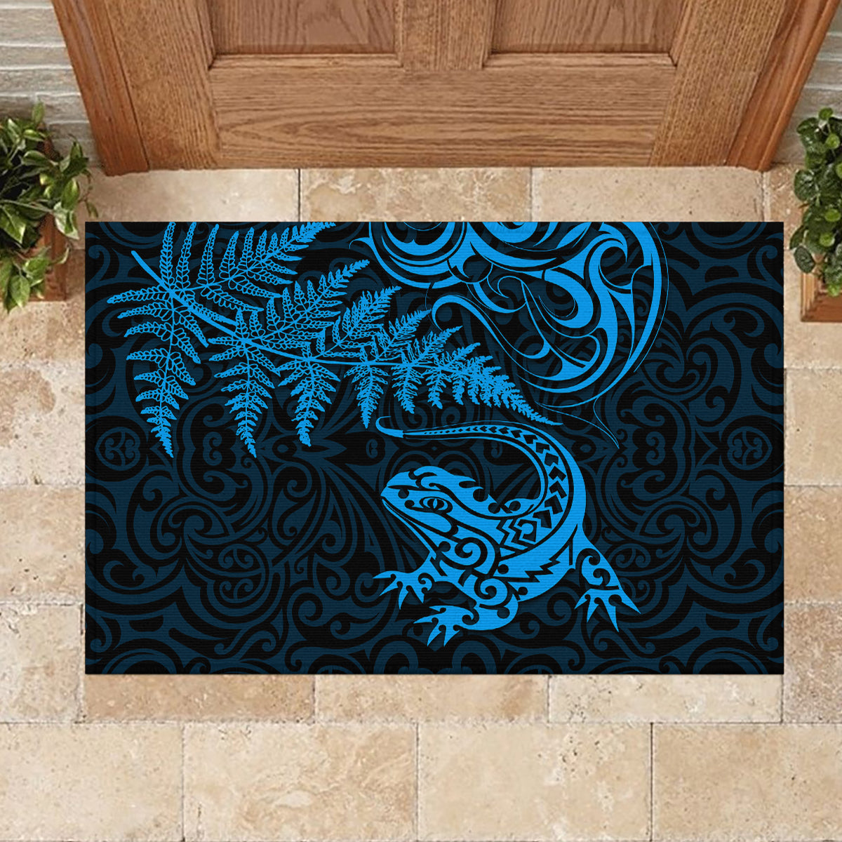 New Zealand Tuatara Tribal Tattoo Rubber Doormat Silver Fern and Maori Pattern Blue Color LT03 - Polynesian Pride