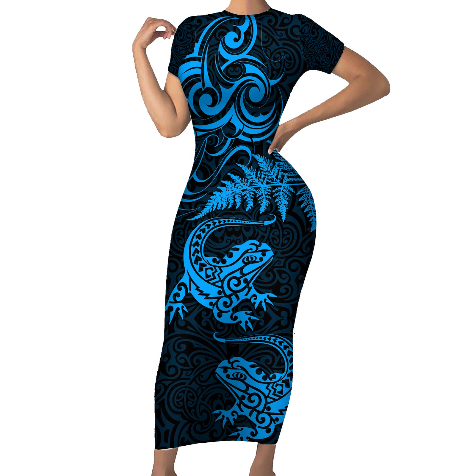 New Zealand Tuatara Tribal Tattoo Short Sleeve Bodycon Dress Silver Fern and Maori Pattern Blue Color
