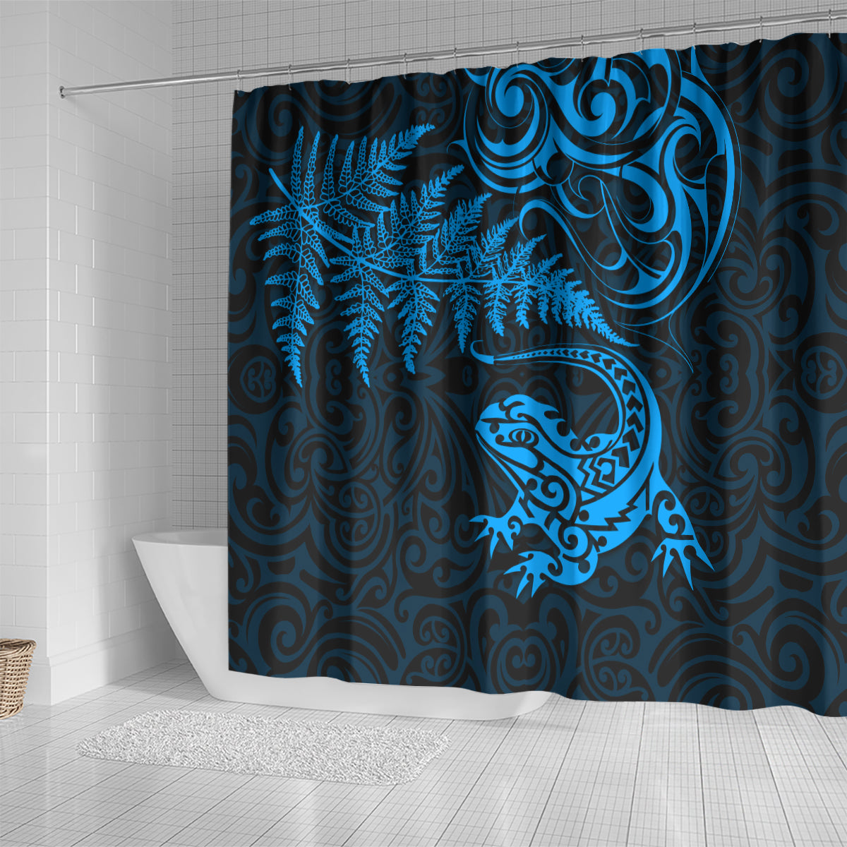 New Zealand Tuatara Tribal Tattoo Shower Curtain Silver Fern and Maori Pattern Blue Color