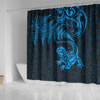 New Zealand Tuatara Tribal Tattoo Shower Curtain Silver Fern and Maori Pattern Blue Color