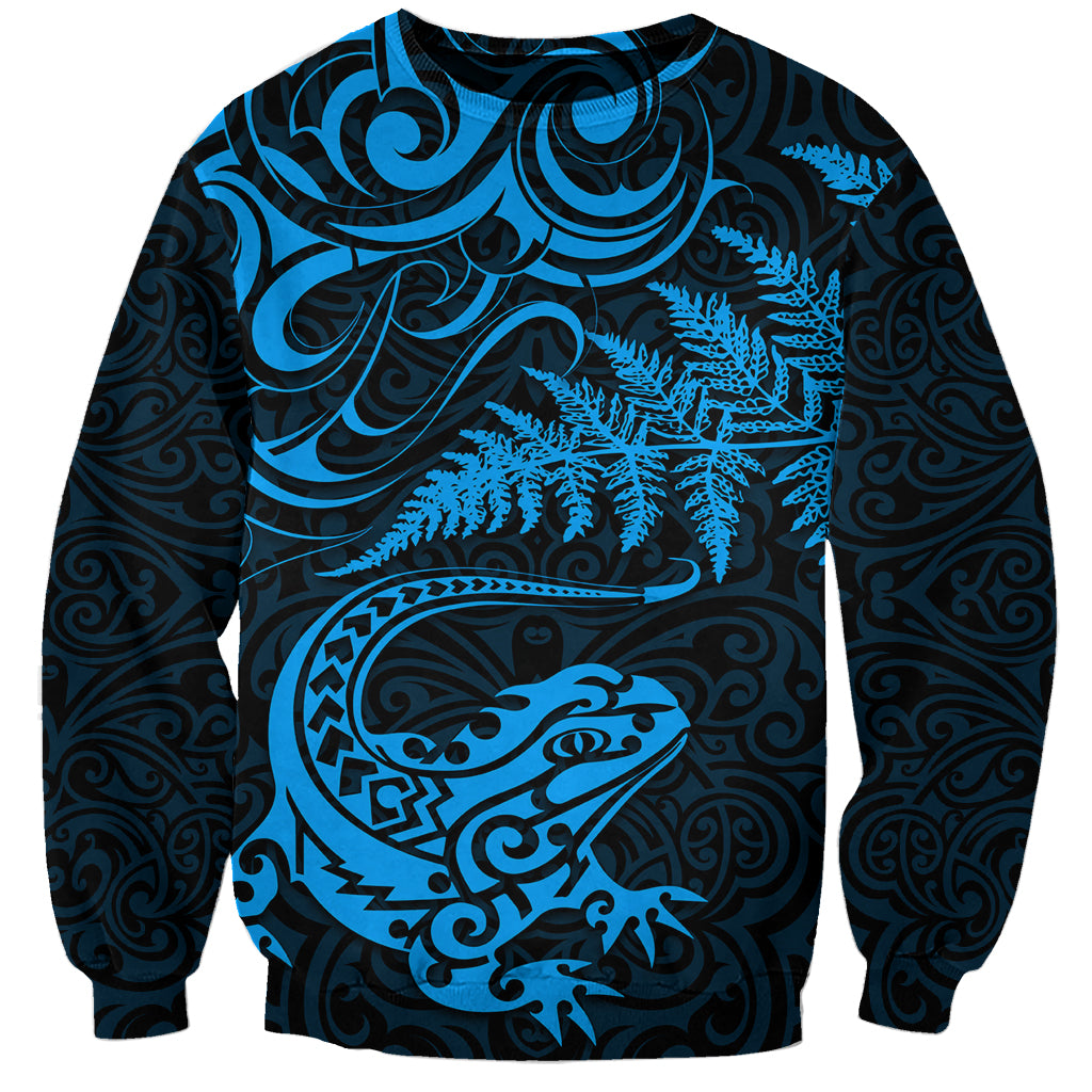 New Zealand Tuatara Tribal Tattoo Sweatshirt Silver Fern and Maori Pattern Blue Color LT03 Unisex Blue - Polynesian Pride