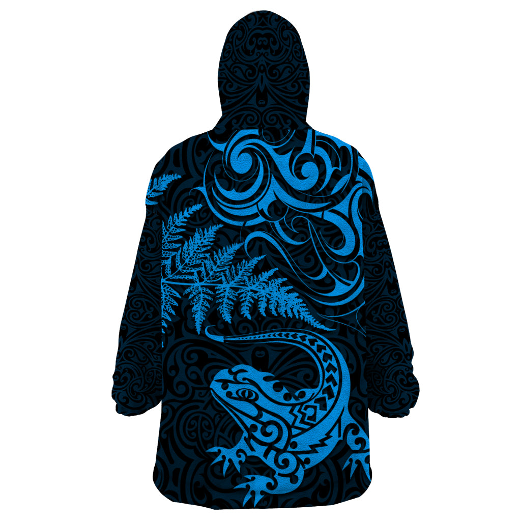 New Zealand Tuatara Tribal Tattoo Wearable Blanket Hoodie Silver Fern and Maori Pattern Blue Color