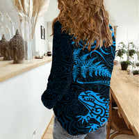 New Zealand Tuatara Tribal Tattoo Women Casual Shirt Silver Fern and Maori Pattern Blue Color LT03 - Polynesian Pride