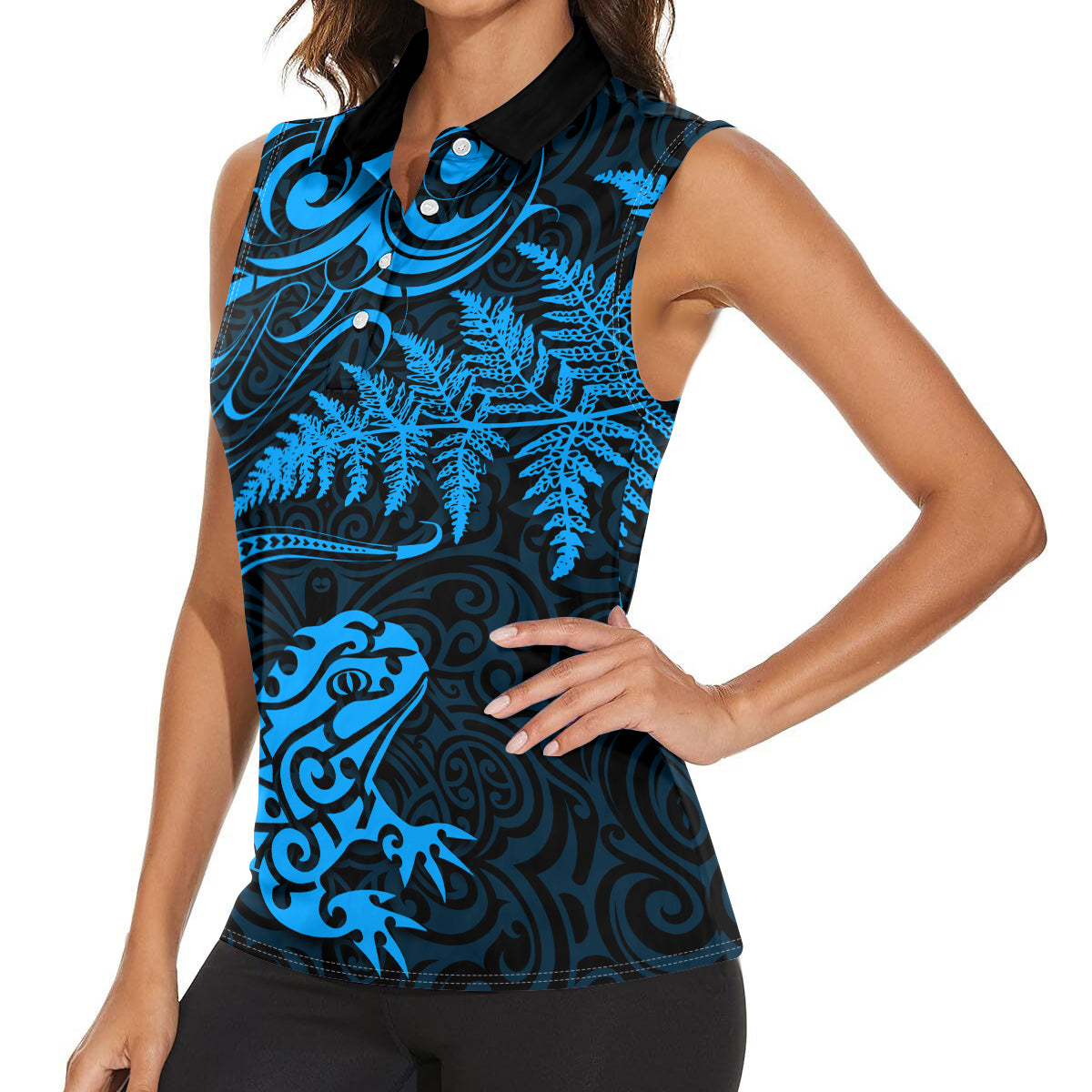 New Zealand Tuatara Tribal Tattoo Women Sleeveless Polo Shirt Silver Fern and Maori Pattern Blue Color