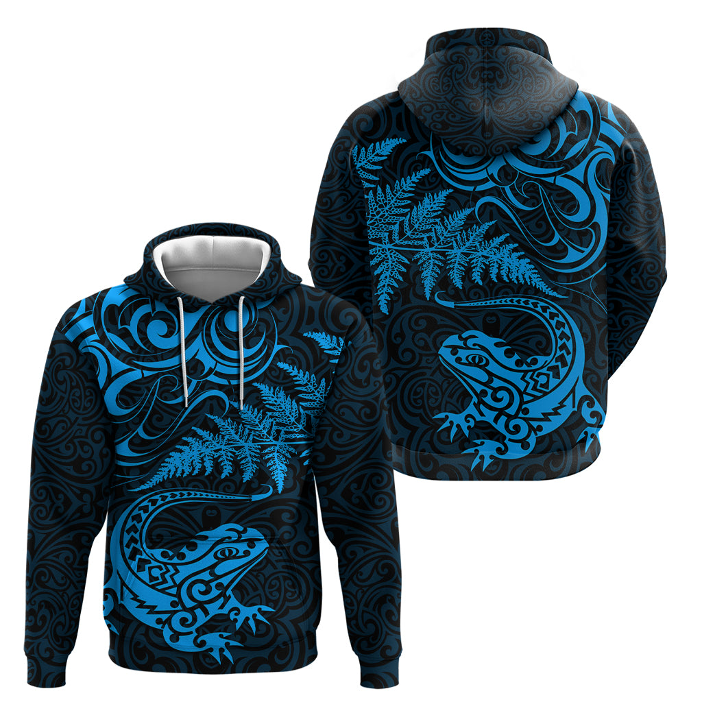 New Zealand Tuatara Tribal Tattoo Zip Hoodie Silver Fern and Maori Pattern Blue Color