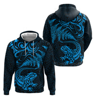 New Zealand Tuatara Tribal Tattoo Zip Hoodie Silver Fern and Maori Pattern Blue Color