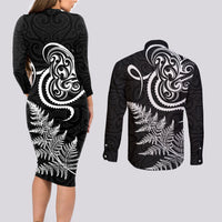 New Zealand Octopus Tattoo and Fern Couples Matching Long Sleeve Bodycon Dress and Long Sleeve Button Shirt Maori Pattern