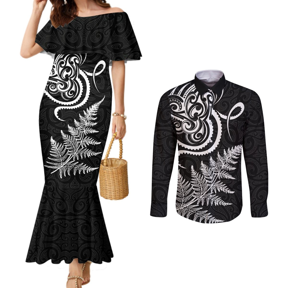 New Zealand Octopus Tattoo and Fern Couples Matching Mermaid Dress and Long Sleeve Button Shirt Maori Pattern LT03 Black - Polynesian Pride