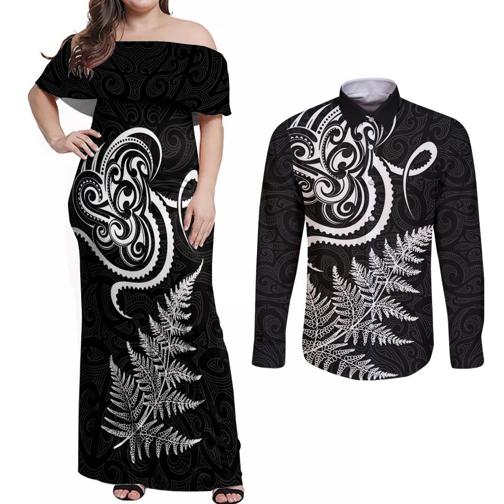 New Zealand Octopus Tattoo and Fern Couples Matching Off Shoulder Maxi Dress and Long Sleeve Button Shirt Maori Pattern LT03 Black - Polynesian Pride