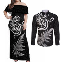 New Zealand Octopus Tattoo and Fern Couples Matching Off Shoulder Maxi Dress and Long Sleeve Button Shirt Maori Pattern LT03 Black - Polynesian Pride