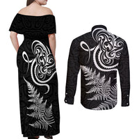 New Zealand Octopus Tattoo and Fern Couples Matching Off Shoulder Maxi Dress and Long Sleeve Button Shirt Maori Pattern LT03 - Polynesian Pride